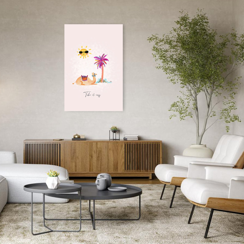Take It Easy Camel, coloré, ludique, palmier vibrant, été, impression d'art mural tropical, H 48 po x l 32 po
