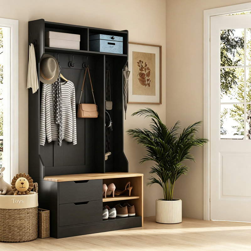 The Black Hall Tree Entryway Cabinet Features 6 Practical Hooks, Along With A Coat Rack And Storage Bench, Making Entryway Organization Easier.