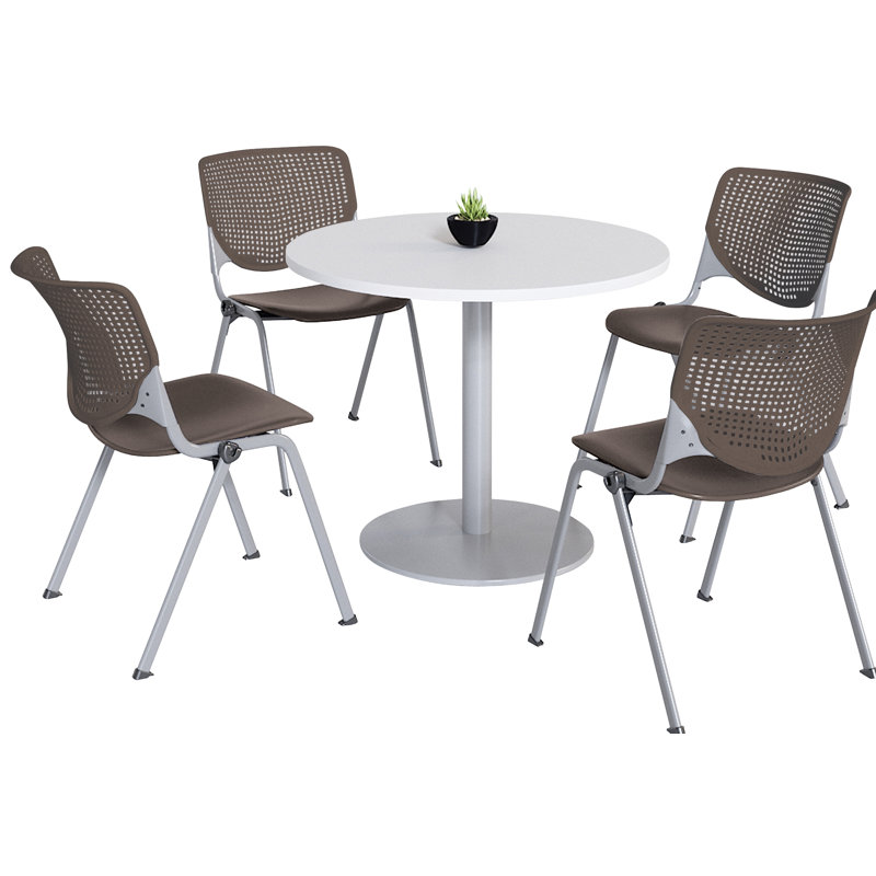 Ensemble de table de salle à manger avec 4 chaises empilables Kool Mode, H 29 po x L 36 po x l 36 po, Blanc / pierre brune