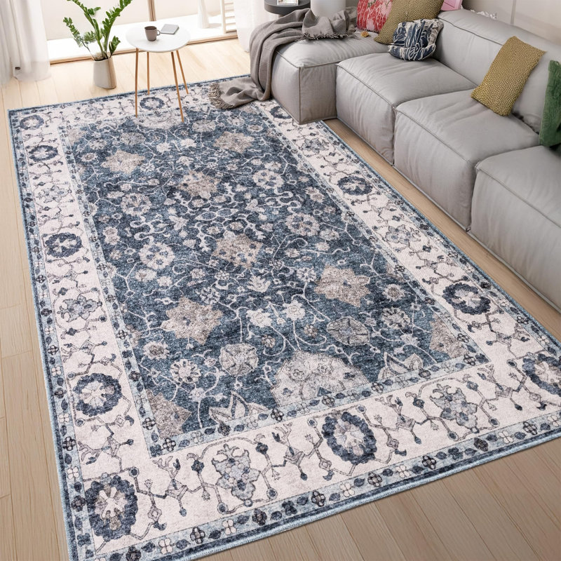 Emric Oriental Cotton Machine Printed Area Rug, Blue, Rectangle 200 x 290 cm