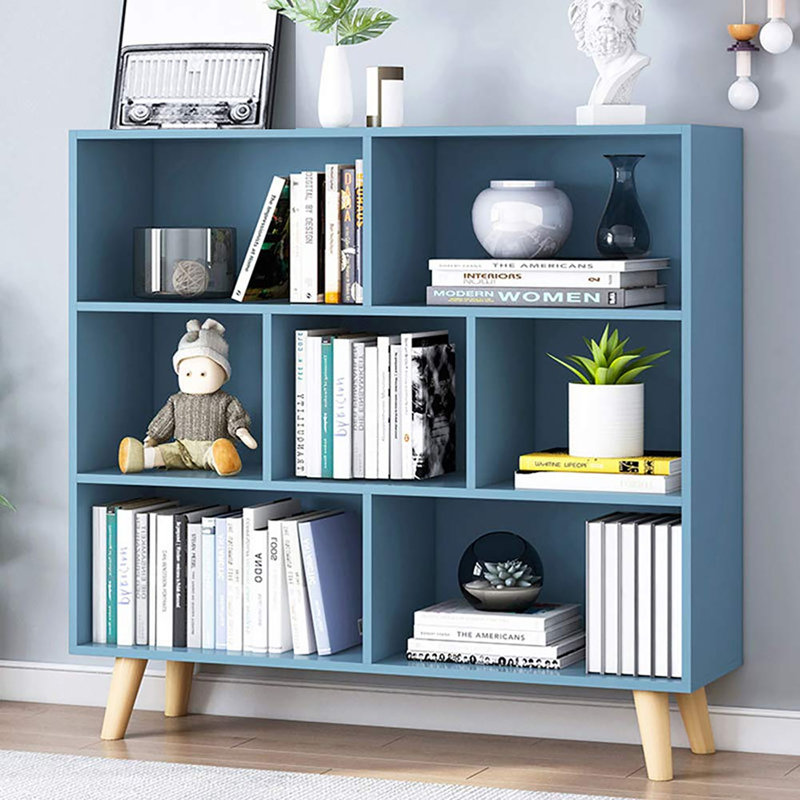 Bibliothèque à 3 niveaux avec tablette ouverte en bois avec pieds, 7 cubes et rangement en un, Bleu vif
