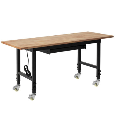 Heavy‑Duty Adjustable Workbench on Wheels, 60 x 24 Inch Oak Wood Top, 2000 Lbs Capacity with Drawer & Power Outlets for Garage Workshop Home Office Commercial Use