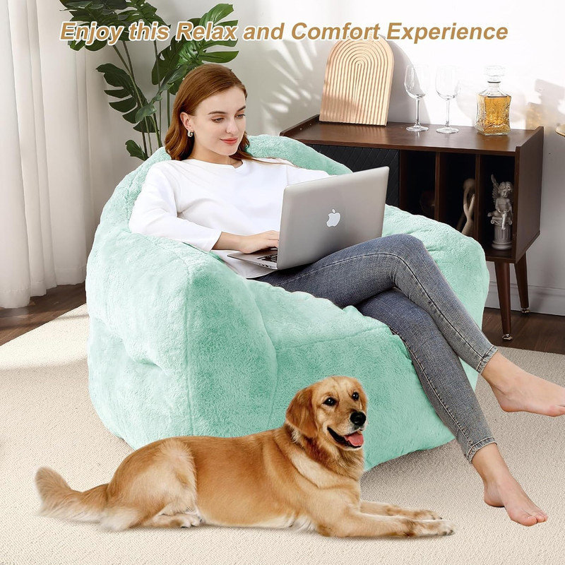 Comfy Bean Bag Chair with Back Support, Plush Floor Sofa for Living Room, Bedroom, Apartment, Teal Faux Fur