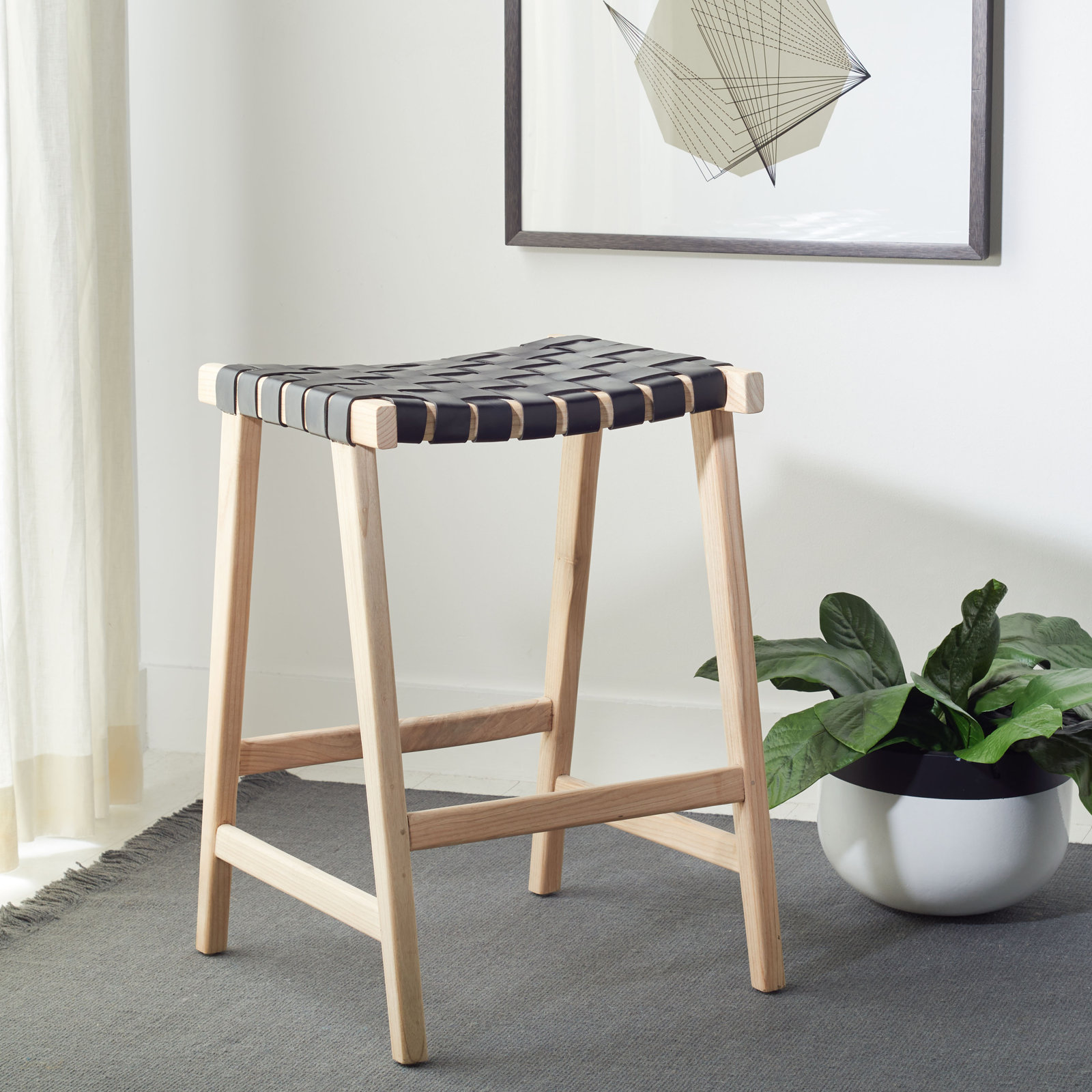 Alston Backless Leather Bar & Counter Stool, Counter Stool (26.77” Seat Height), Light Natural, Black