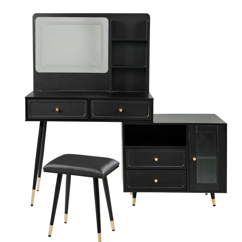 Philip Retractable Makeup Vanity with LED Mirror, Cabinet, Charging Ports & Stool, Black
