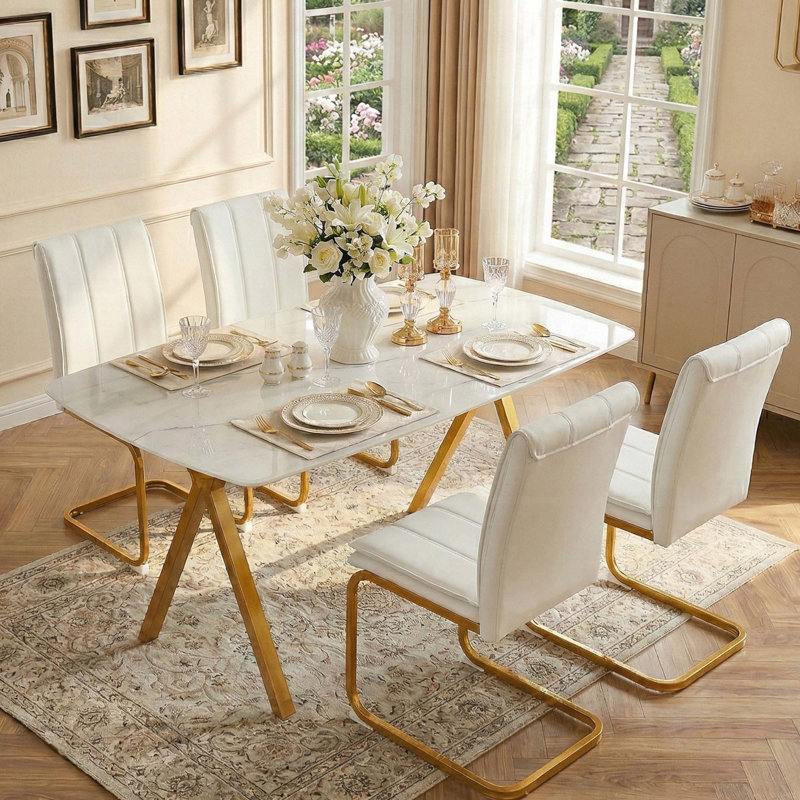 Table de salle à manger rectangulaire en verre trempé avec motif en marbre et pieds dorés