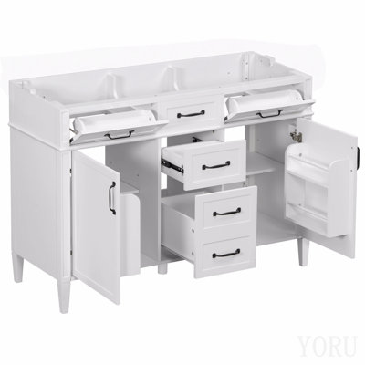 Armoire de salle de bain 48 po, base de meuble-lavabo autoportant en MDF avec 4 tiroirs et 2 portes, armoire de rangement noire avec tablettes réglables, poignées en métal noir, armoire seulement