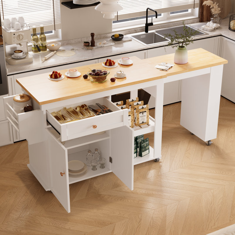 81.5'' Kitchen Island With Extendable Dining Table For 4-6 Person,kitchen Island With Storage 2 Drawers 2 Side Open Shelves,two-tone Table With Double-sized Storage