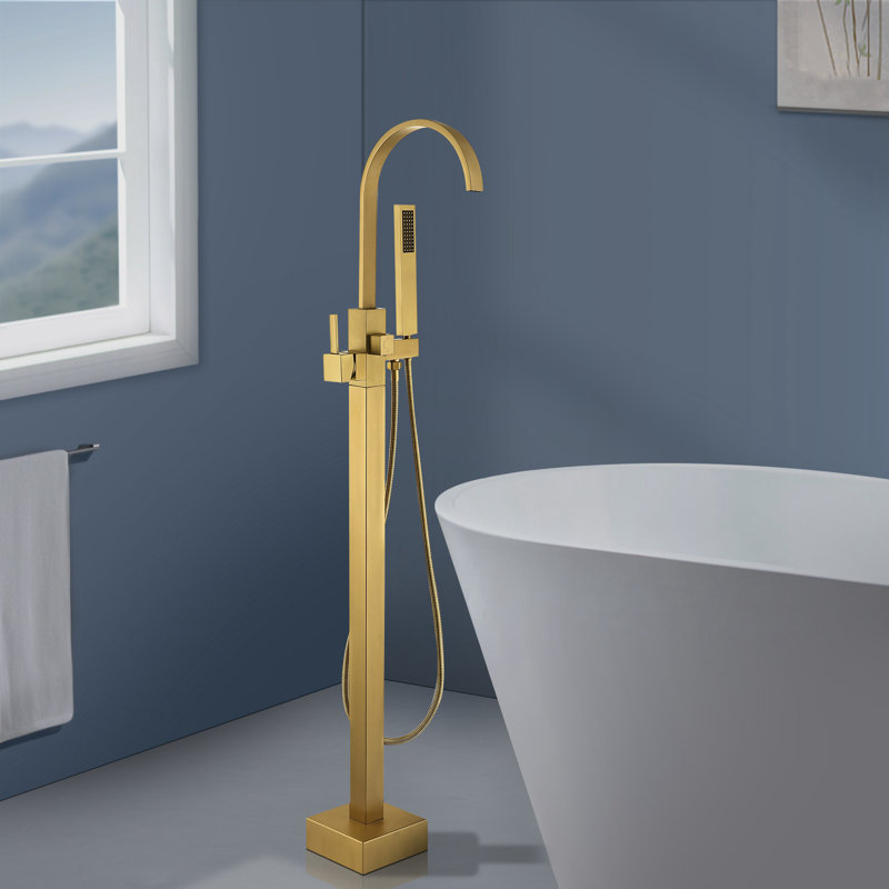 Topcraft Single Handle Floor Mounted Freestanding Tub Faucet with Handheld Shower, Brushed Brass, Brushed Brass