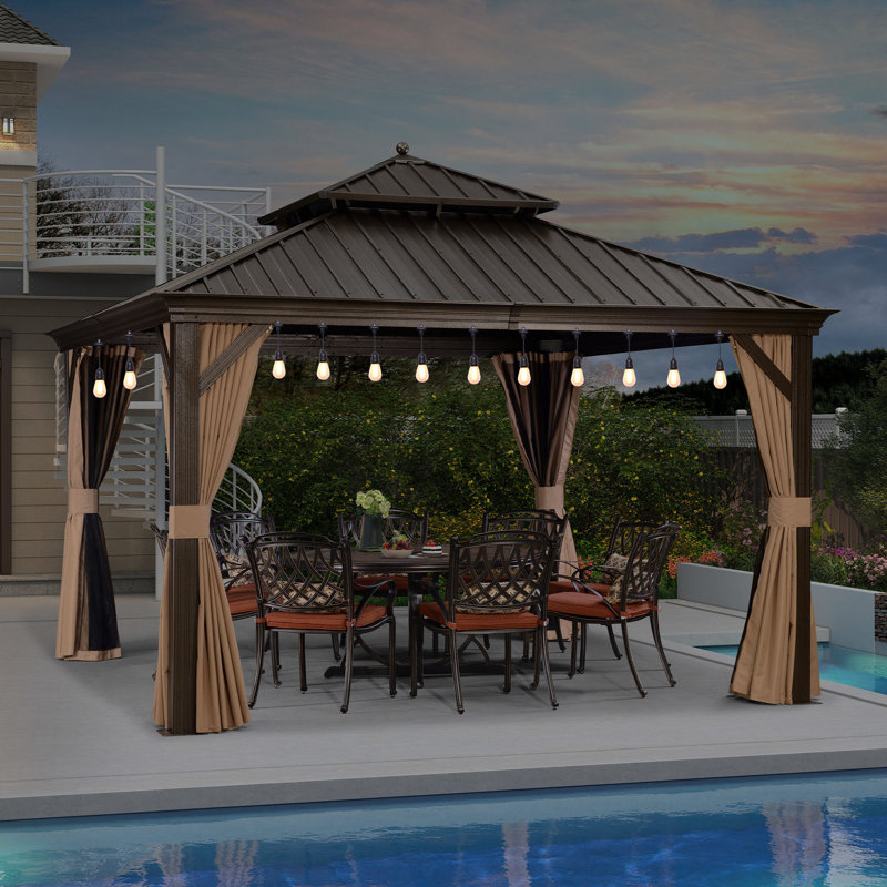 Pavillon de jardin à toit rigide en aluminium mauve 12 pi x 12 pi avec guirlandes lumineuses 48 pi