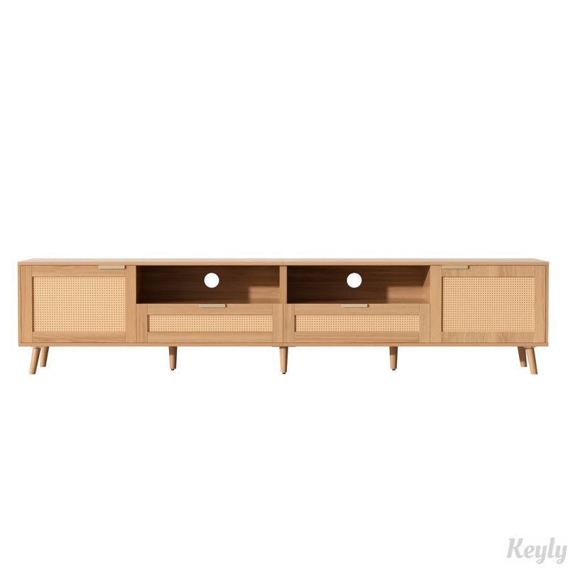 Modern Farmhouse TV Stand with Rattan Doors and Solid Wood Legs for TVs up to 90 Inch