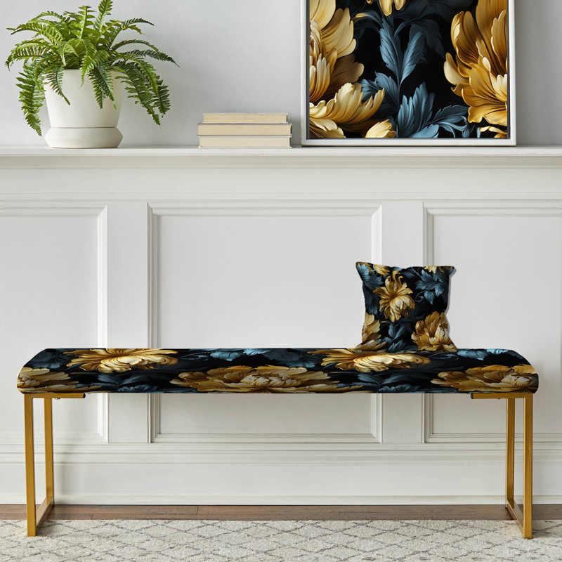 Upholstered Gold Bench, Dark Blue And Golden Gilded Damask Glamour