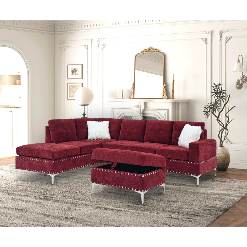 Rovina Upholstered L-Shaped Sectional Reversible, Red Chenille