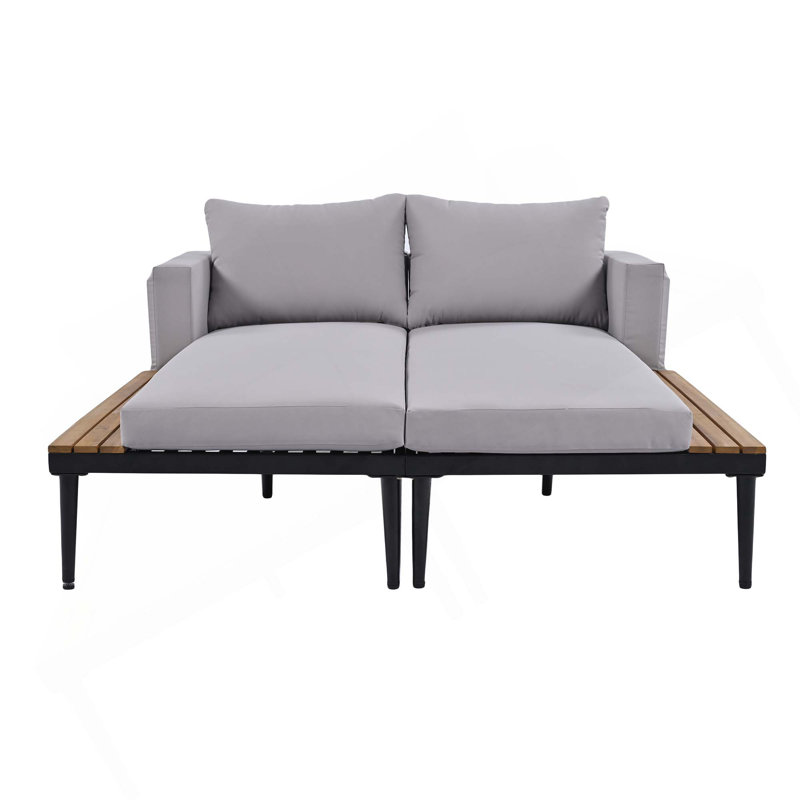 Modern Outdoor Daybed Patio Metal Daybed With Wood Topped Side Spaces For Drinks, 2 In 1 Padded Chaise Lounges For Poolside, Balcony