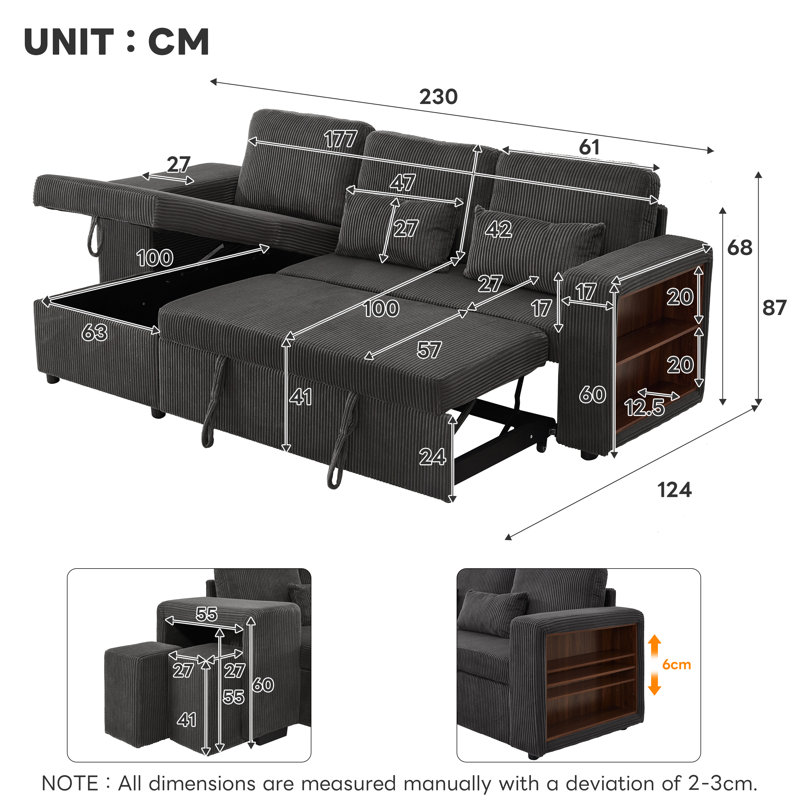 L-shaped Convertible Sofa Bed With Storage Chaise, Dark Grey