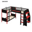 Lit mezzanine simple au-dessus de simple en L avec bureau, tablettes et DEL, noir et rouge