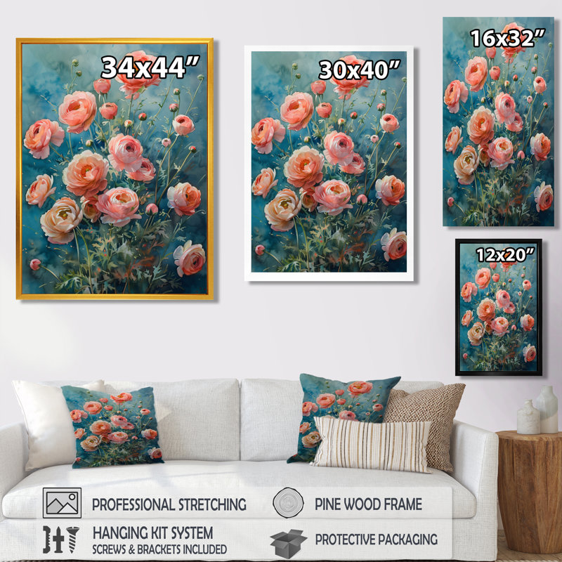 Rose et bleu printemps symphonie Renoncule II - Renoncule, reproduction d'art mural, H 16 po x l 32 po, Cadre flottant brun