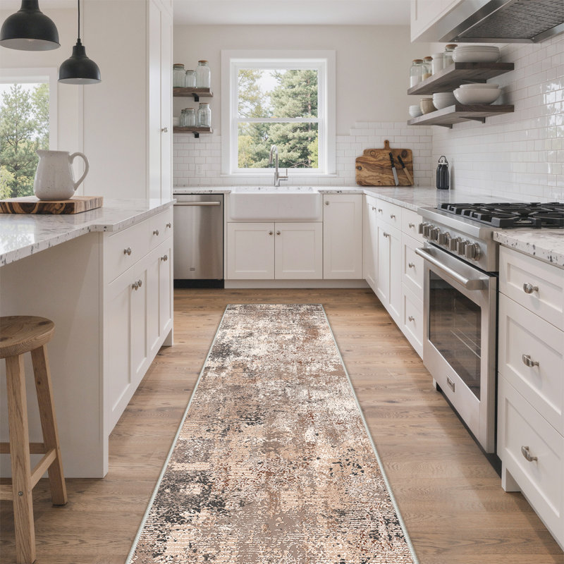 Pavelina Abstract Machine Washable Non-Slip Brown / Beige Performance Indoor Area Rug, Taupe, Runner 2'3" x 8'