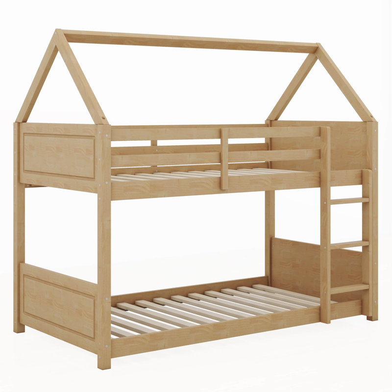 Twin Over Twin House Floor Bunk Bed With Headboards, Footboards And Guardrails, Ladder, White Oak