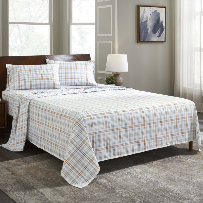 Ensemble de draps 100% flanelle Beldibi, Ensemble de draps pour très grand lit californien, Carreaux vert rouille