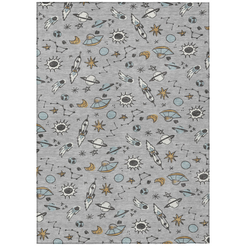 Machine Washable Indoor/Outdoor Chantille ACN2580 Kids Rug, Silver, 5' x 7'6"