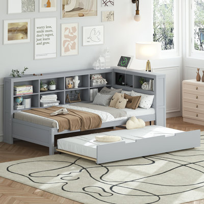 Wooden Bed with Twin Size Trundle Storage Shelf and USB Charging Ports