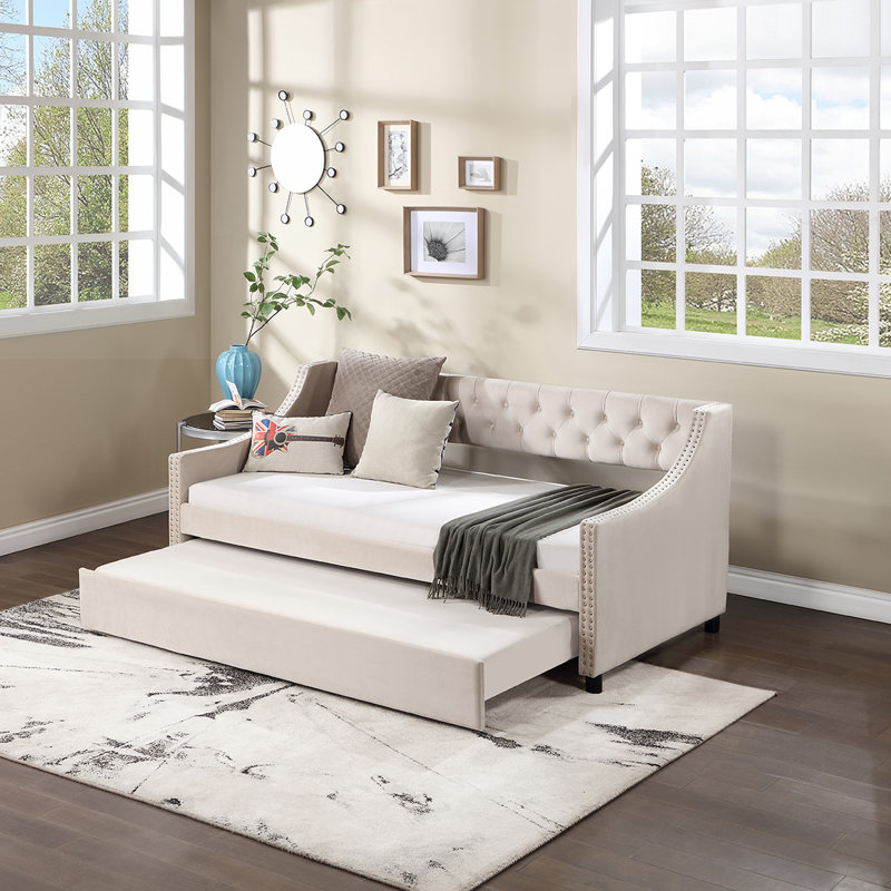 Lit de jour avec lit gigogne Miaja, Beige, Complet/Double