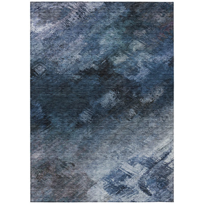 HomeRoots 10' X 14' Navy Blue And Denim Blue Abstract Washable Indoor Outdoor Area Rug