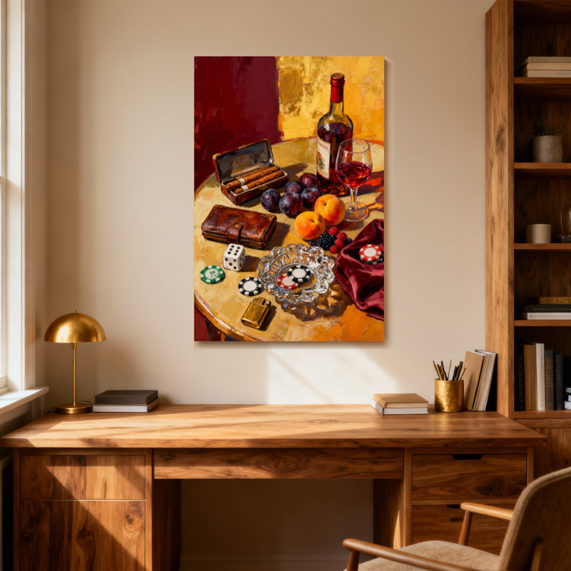 Mode nature morte avec vin et cigares, H 40 po x l 28 po