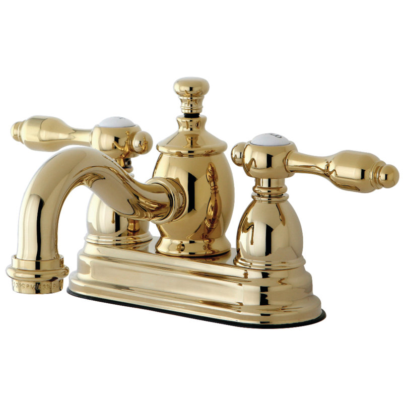 Kingston Brass Tudor Two-Handle 3-Hole Deck Mount 4" Centerset Bathroom Faucet with Brass Pop-Up, Polished Brass