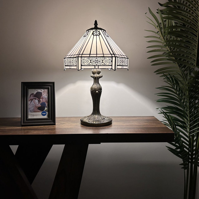 Vereen Tiffany Table Lamp White Hexagon Stained Glass Included LED Bulb 12"W*12"D*19"H