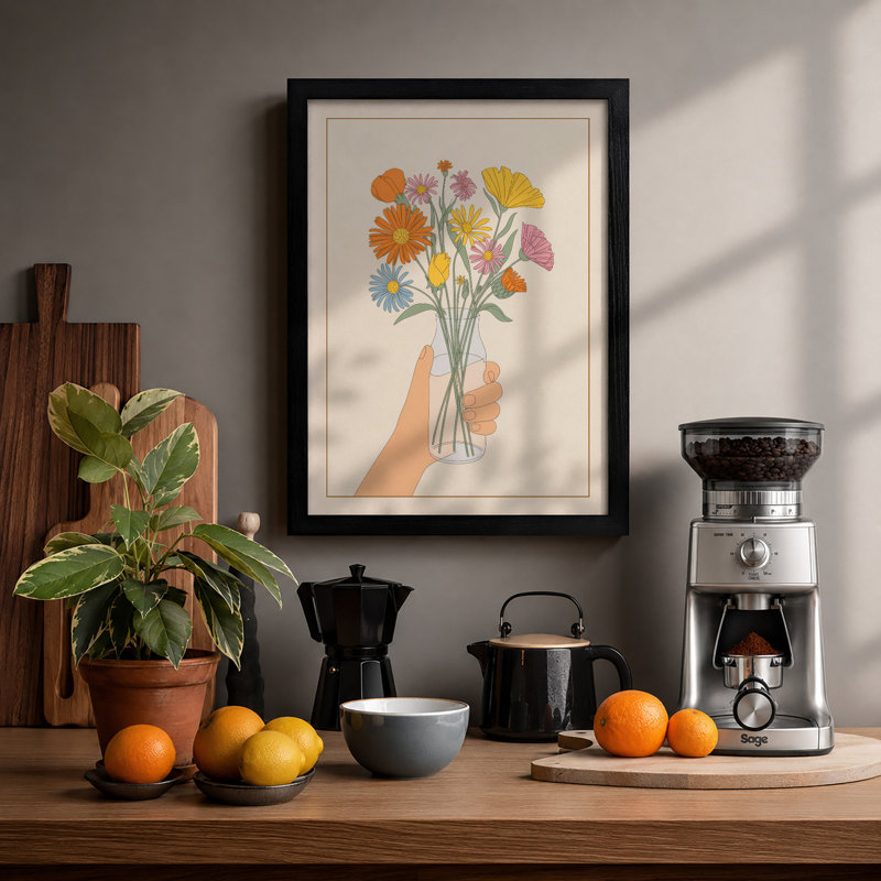 Hand Holding Wildflowers Botanical - Framed Print, A2 - 59.4 x 42.0 cm, Black