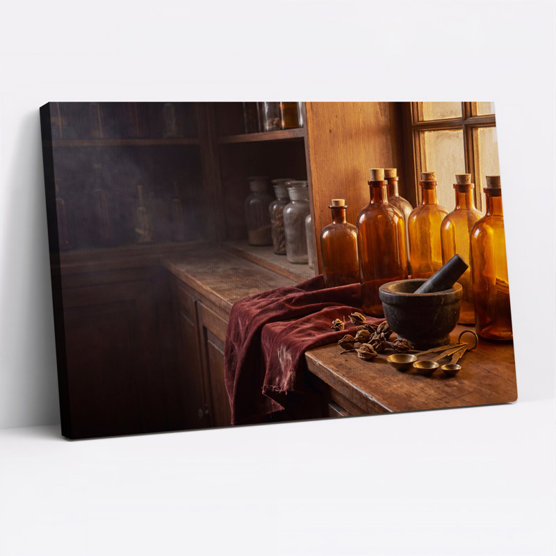 «Amber Glass Bottles and Mortar» sur toile de table en bois, art mural, 24"H x 36"W