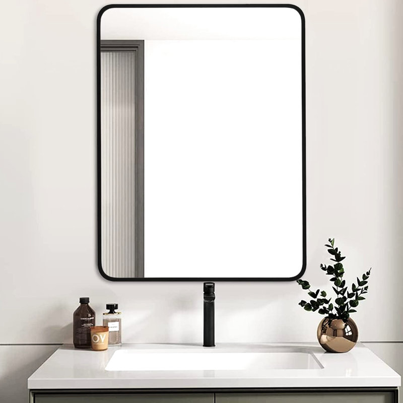 Miroir mural de salle de bain noir avec cadre en métal noir 24 x 32 pouces - Verre trempé de 4 mm de hauteur, aluminium rouille, conception incassable avec crochets de protection haute définition faciles à installer