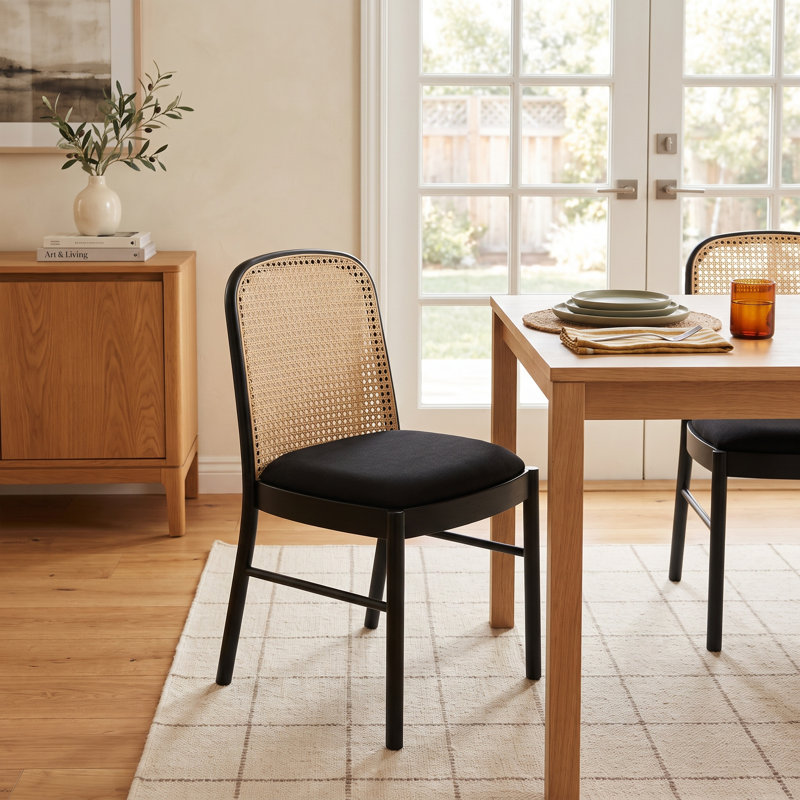 Almeda Rattan Back Dining Chair Set, Black Frame / Black Upholstery