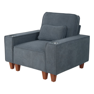 Chenille Deep Seat Armchair With Brushed Stainless Steel Cup Holder And Accent Pillow – Modern Single Sofa For Living Room by Ebern Designs