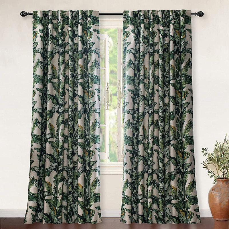 Tropical Green and Beige Linen Blackout Curtain Panels