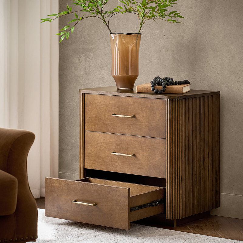 Graciana Modern 26"Wide 3-Drawer Curved Fluted End Table with Charging Station and Simple Assembly, Walnut