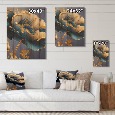 Bleu profond et fleur simple dorée VI - Art mural en bois floral et botanique - Bois de pin naturel