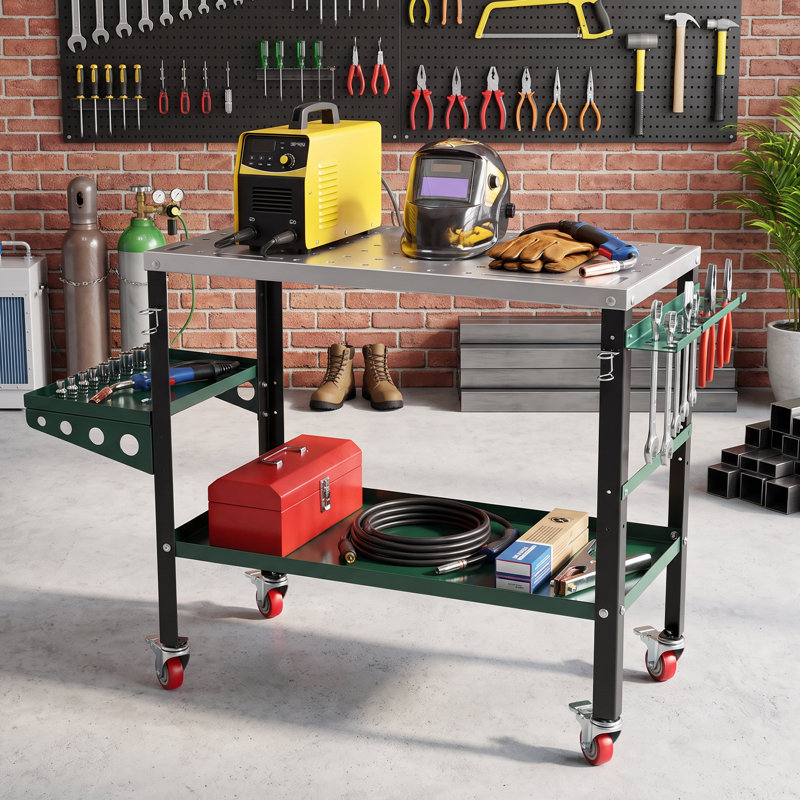 Table de soudage 36 po x 18 po avec roulettes, table de soudage avec plateau de rangement et panneau perforé