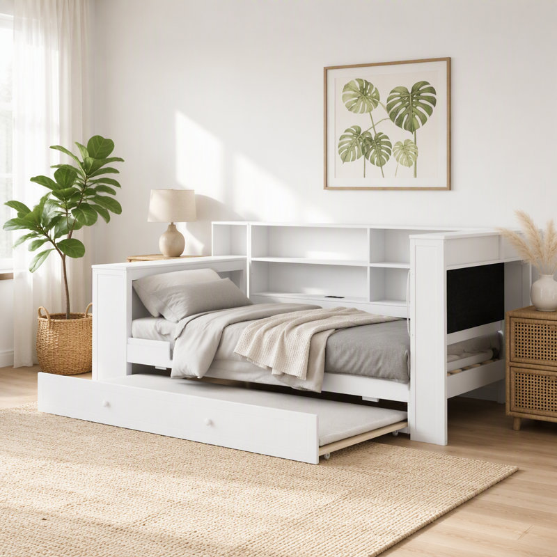 Lit plateforme simple en bois avec tablettes de rangement, lit gigogne, station de charge, DEL, bureau et tête de lit tapissier, coussin blanc et beige