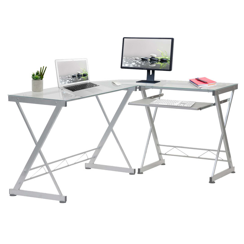 L-Shaped Tempered Glass Top Computer Desk with Pull Out Keyboard Panel, Clear/White