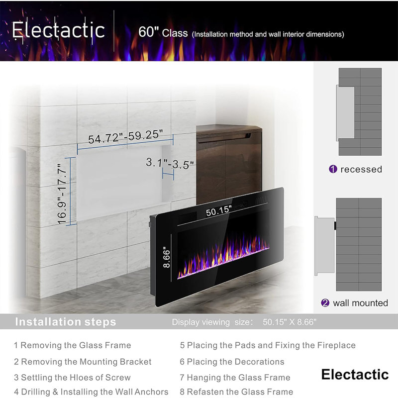 60 inches Electric Fireplace Recessed and Wall Mounted, Fireplace Heater and Linear Fireplace, with Timer, Remote Control, Adjustable Flame Colour, 750w/1500w, Black