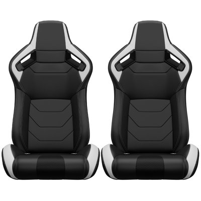 2PC New Universal Bucket Racing Seats Black Stitch Black PVC Leather Reclinable Carbon Look Leather Back With Adjustor Slider(Not Including Seat Bracket ) 1 Box Of 2 Pieces