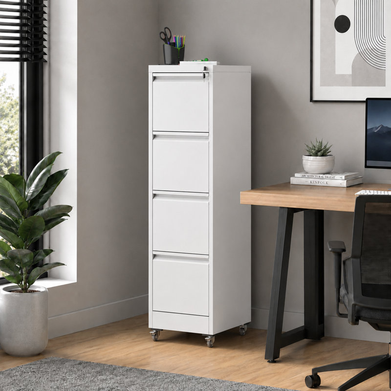Classeurs verticaux 4 tiroirs en métal avec serrure durable pour la maison et le bureau., Blanc, Avec des roues
