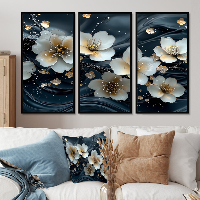 Ensemble de salon art mural blanc et blanc Blooming Marble Flowers River IV - Poppies, Toile avec cadre flottant noir