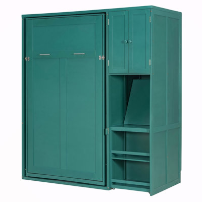 Lit escamotable mural simple avec bibliothèque, armoire supérieure, bureau extensible et rangement latéral, bleu sarcelle