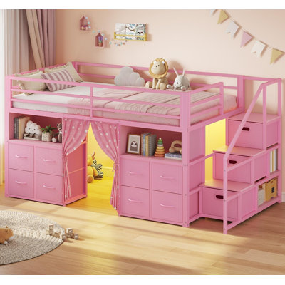 Low Loft Bed Twin Size with Stairs and 11 Storage Drawers, Twin Loft Bed with Bookshelf, LED Lights & Under-Bed Play Space, Metal Kids Loft Bed with Guardrail,Privacy Curtain