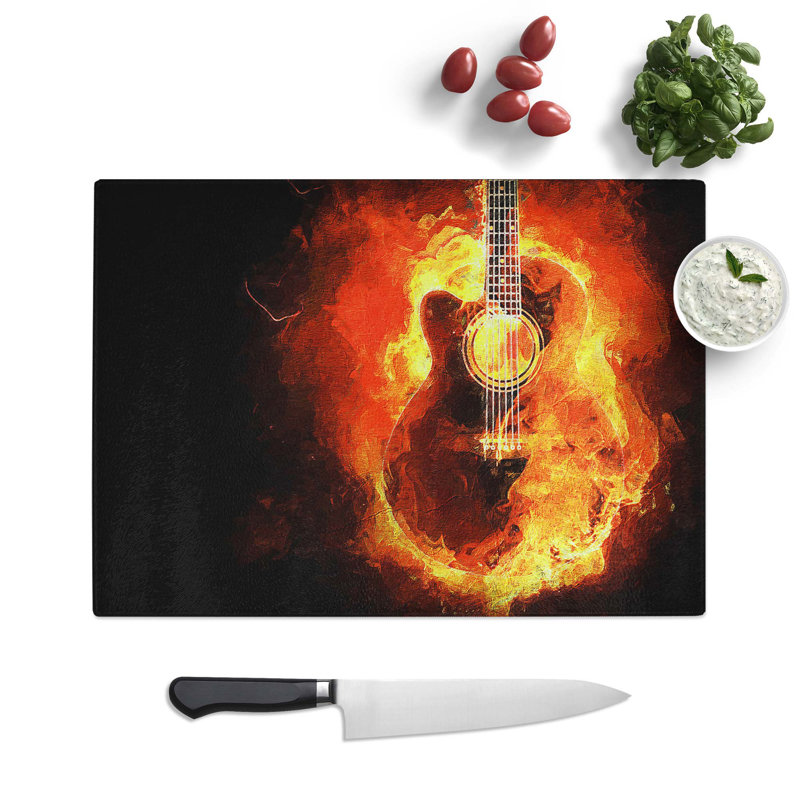 Tempered Glass Acoustic Guitar in Flames Chopping Board, 39 cm W x 28.5 cm L