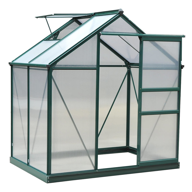 Green 6x4 Ft Outdoor Polycarbonate Walk-in Greenhouse with Roof Vent, Lockable Push Door and Ground Nails for Garden or Backyard